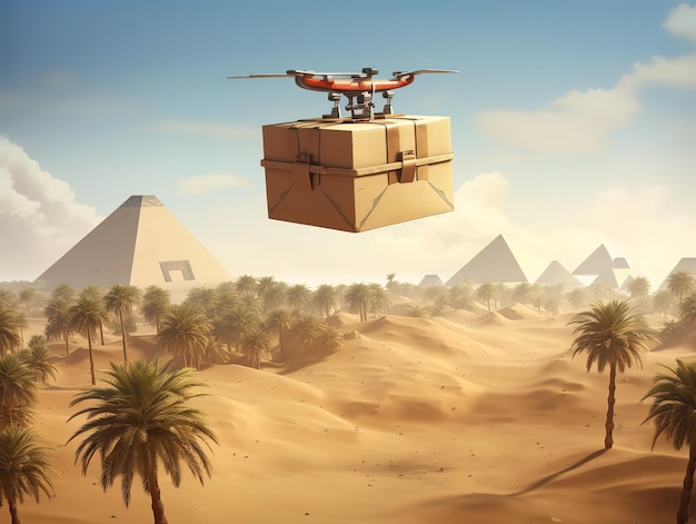 entrega drone concepto de entrega en línea desierto pirámides de Giza ai generado