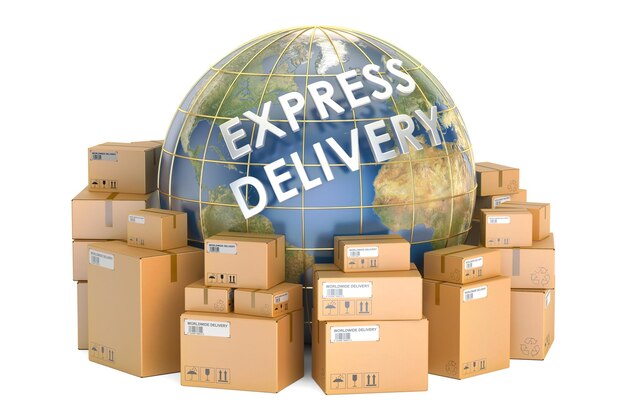 Entrega expressa e envio mundial de pacotes conceituais com renderização 3D da Terra