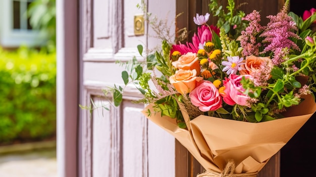 Entrega de floristería y servicio postal de regalos navideños hermoso ramo de flores en la puerta de una casa en el campo ai generativo