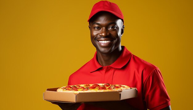 entrega de fotos hombre afroamericano en camisa de polo amarilla y gorra de pie con cajas de pizza