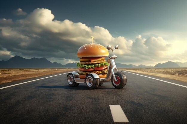 Entrega de hamburguesas Coche de hamburguesas rápido Hamburguesa con queso como coche de comida rápida Hamburguesa conduciendo en la carretera