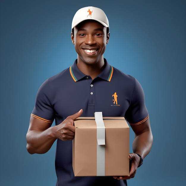 Foto entrega homem afro-americano polo camisa boné segurando pacote de papel olhando alegre sorrindo