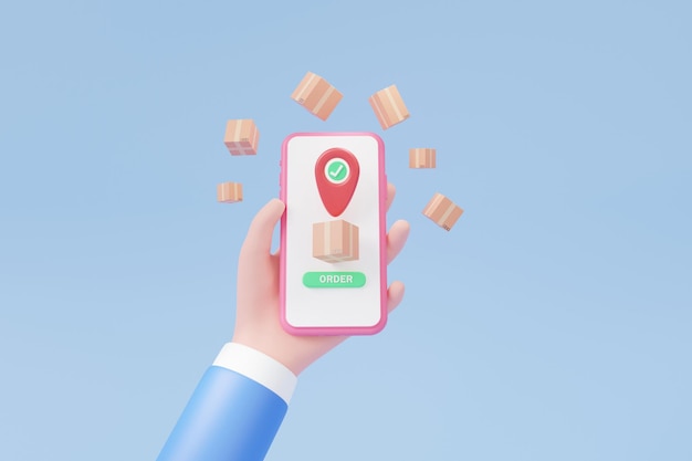 Entrega en línea de orden de mano 3D a través de paquetes de teléfono móvil ubicación de pin de mapa de caja concepto flotante Modelo de carretera a casa y oficina servicio de envío troncal exprés espacio de copia banner renderizado 3d