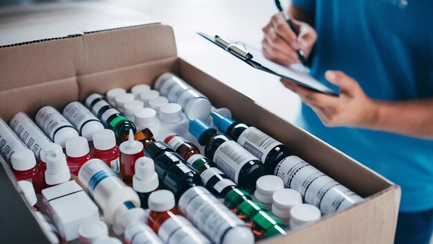 Foto entrega de medicamentos a casa desde la caja de cartón de la farmacia con medicamentos, pastillas, frascos y aerosoles