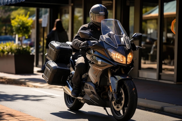 Entrega de motocicletas que traen almuerzo saludable a la oficina IA generativa