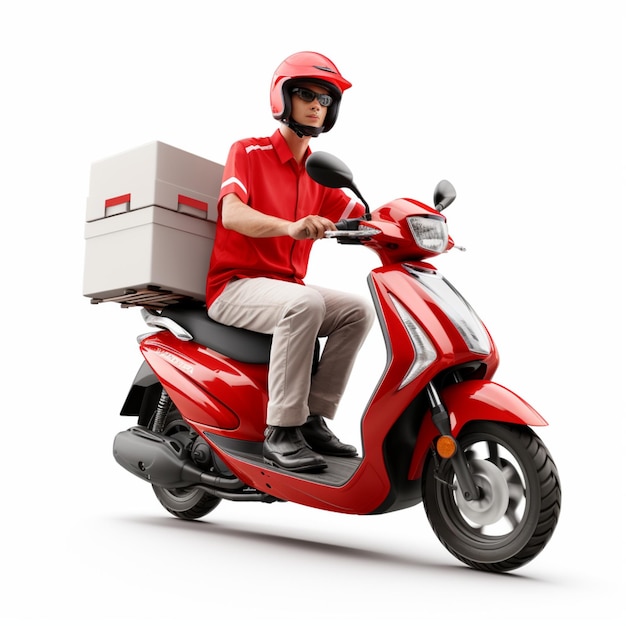 Entrega motorista de motocicleta ou scooter com mensageiro em fundo branco