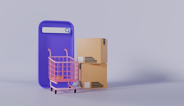Entrega de negocios y concepto en línea de compras con carrito de compras en fondo de color pastel