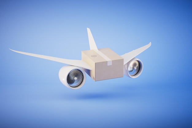 Entrega de paquetes por caja de avión con el paquete y las alas del avión 3D render