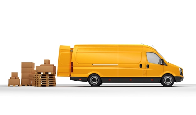 Entrega de paquetes en camioneta de transporte en blanco Ilustración 3D de la industria del transporte marítimo