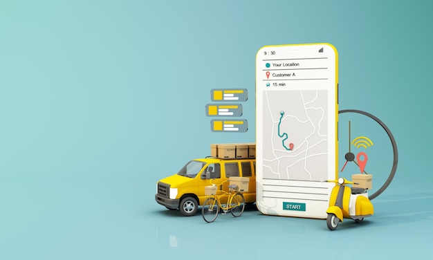 Entrega rápida en scooter, bicicleta y furgoneta con concepto de comercio electrónico móvil Orden de cajas de comida y compras en línea con mapa de ruta Diseño de la aplicación de la página web Con fondo amarillo y azul Perspectiva 3D
