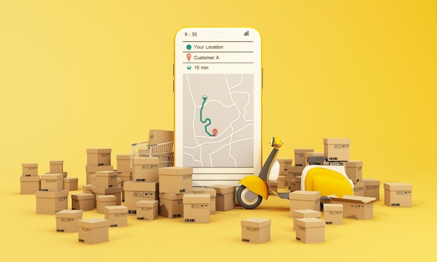 Entrega rápida en scooter con concepto de comercio electrónico móvil Orden de caja de caja de compras y comida en línea con mapa de ruta Diseño de aplicación de página web Perspectiva de fondo amarillo y blanco Render 3d