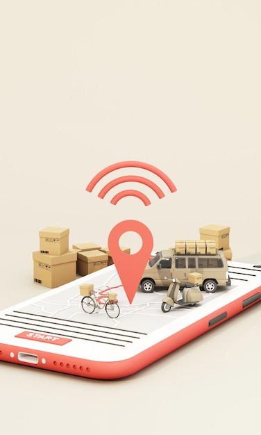 Entrega rápida en scooter y furgoneta con concepto de comercio electrónico móvil Orden de caja de caja de compras y comida en línea con mapa de ruta Diseño de aplicación de página web fondo marrón blanco marco vertical render 3d