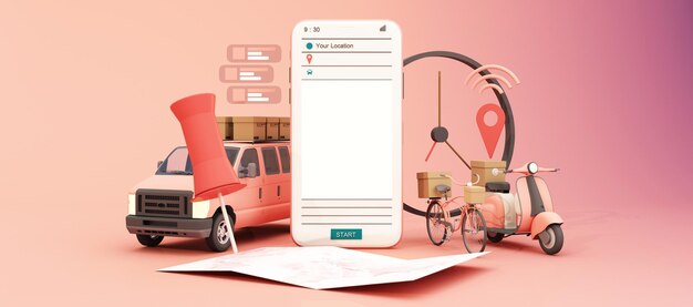 Entrega rápida en scooter y furgoneta con concepto de comercio electrónico móvil Orden de caja de caja de compras y comida en línea con mapa de ruta Diseño de aplicación de página web fondo rosa marco panorámico render 3d