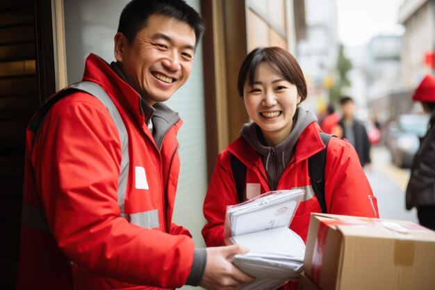 Entrega sorrisos Motoristas japoneses irradiam alegria enquanto levam produtos a clientes felizes