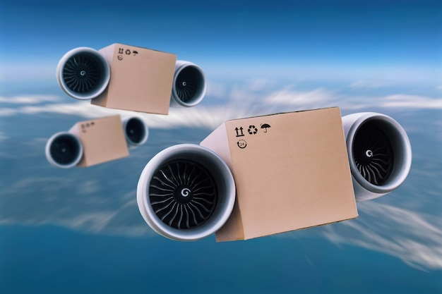 Foto la entrega súper rápida de mercancías está volando en el cielo. caja de turbina, concepto futuro. paquete de caja de cartón con turbina, concepto futuro. carga