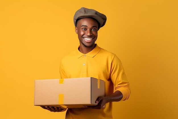 Entregador afro-americano sorridente segurando caixa de papelão isolada em fundo amarelo