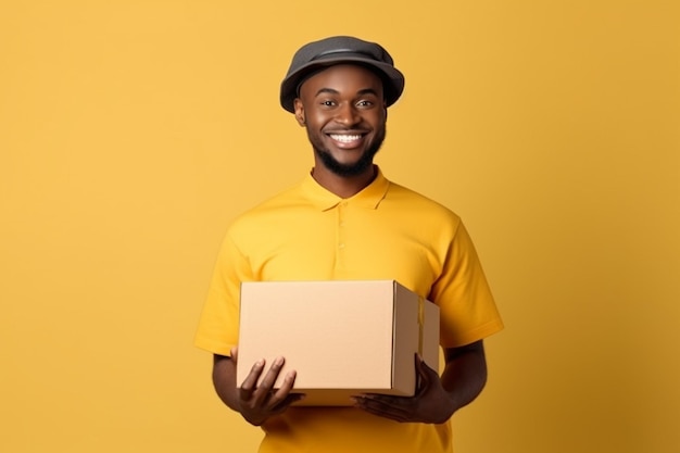 Entregador afro-americano sorridente segurando caixa de papelão isolada em fundo amarelo