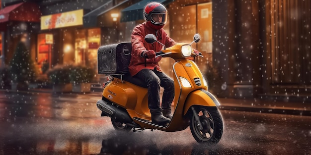 Entregador anda de moto scooter em fundo de tempestade de trovões Generative AI