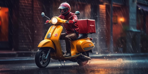 Foto entregador anda de moto scooter em fundo de tempestade de trovões generative ai