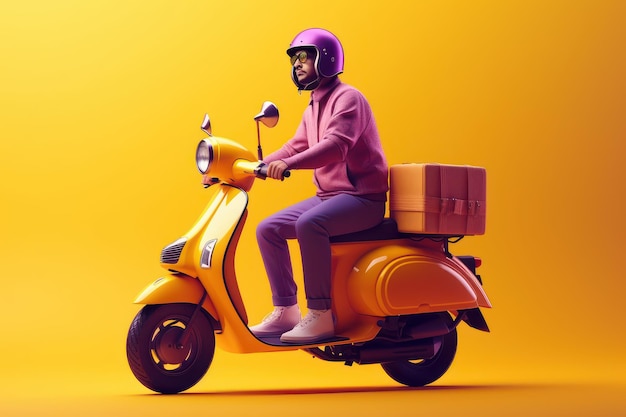Entregador anda de moto scooter para serviço de entrega on-line em fundo amarelo Generative AI