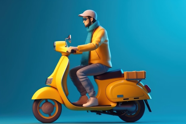 Entregador anda de moto scooter para serviço de entrega on-line em fundo azul Generative AI