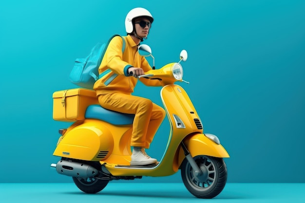 Entregador anda de moto scooter para serviço de entrega on-line em fundo azul Generative AI