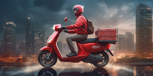 Entregador anda de scooter com fundo de paisagem urbana de desfoque de movimento IA generativa