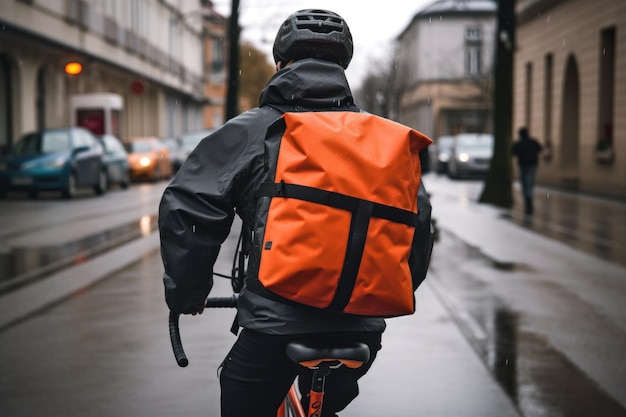 Entregador andando de bicicleta pela cidade com sua mochila de entrega nas costas Generative AI