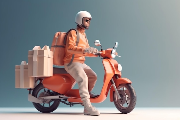 Entregador andando de scooter Conceito de serviço de entrega Renderização em 3D