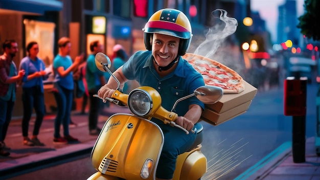 Foto entregador com capacete a conduzir uma scooter amarela enquanto segura uma caixa de pizza