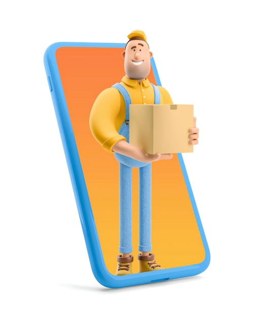 Foto entregador com máscara médica e uniforme amarelo fica com ilustração 3d de fastfood e telefone grande personagem de desenho animado conceito de entrega online segura