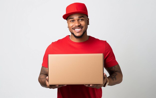 Foto entregador com um pacote de camisa vermelha e boné em fundo branco jovem mensageiro preto