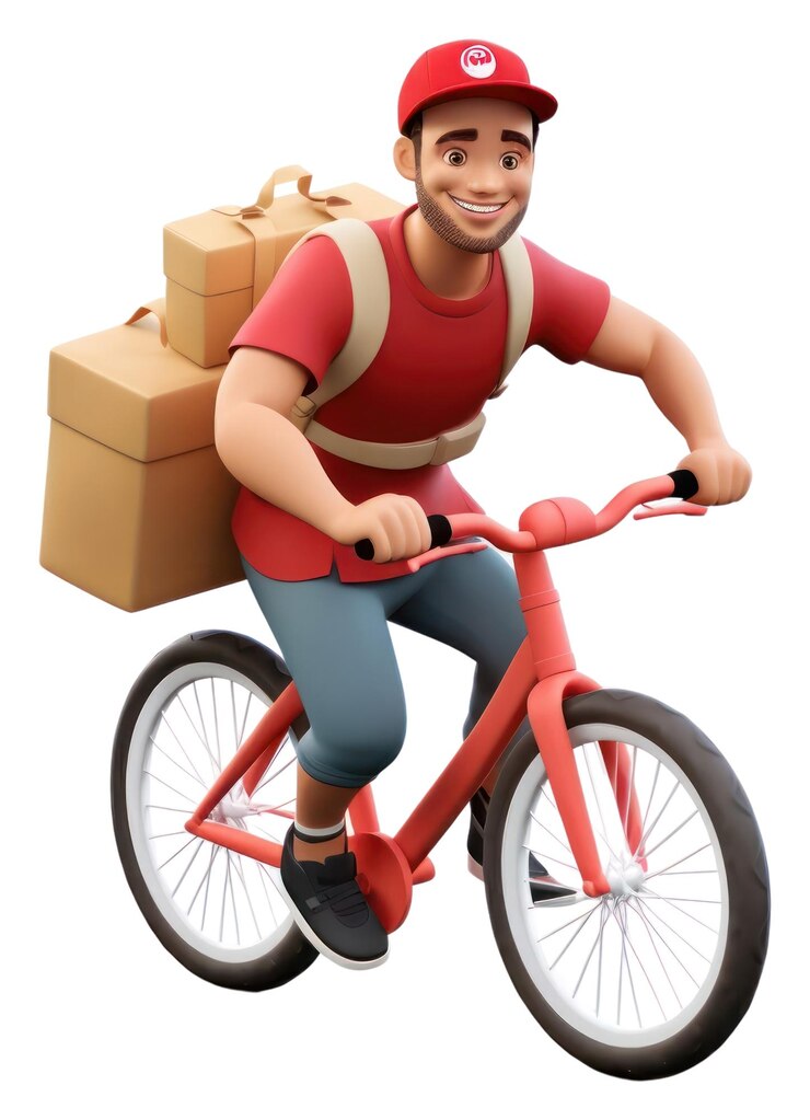 Foto entregador de alimentos de png montando uma bicicleta roupa de papelão de transporte