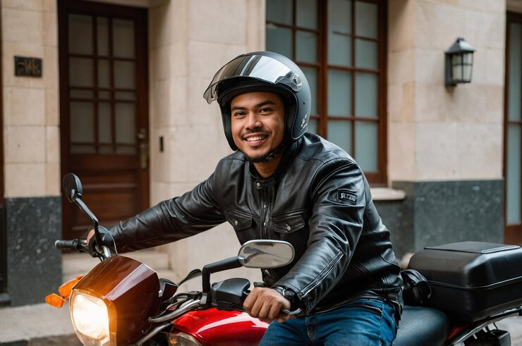 Foto entregador de comida a andar de moto.