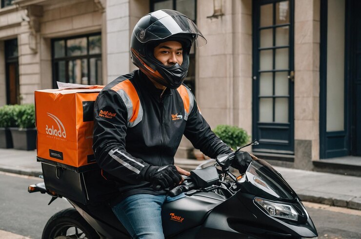 Foto entregador de comida a andar de moto.
