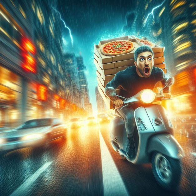 entregador de pizza em scooter correndo para entregar pedidos aos clientes em mau tempo e trânsito intenso