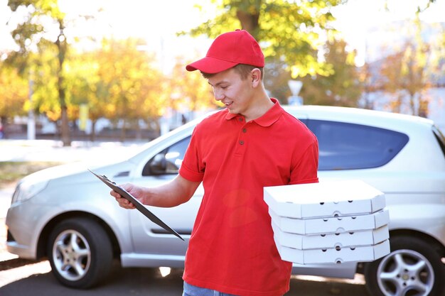 Foto entregador de pizza segurando caixas com pizza perto de carro