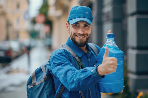 Entregador de uniforme azul carregando um galão de água e mostrando um polegar para cima
