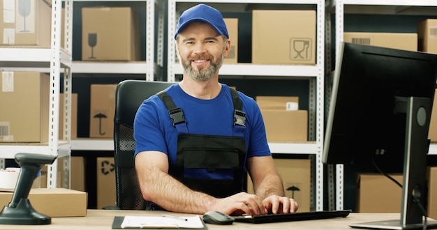 Entregador de uniforme e boné sentado à mesa na loja de correios e trabalhando no computador. correio masculino digitando no teclado no armazenamento de encomendas.