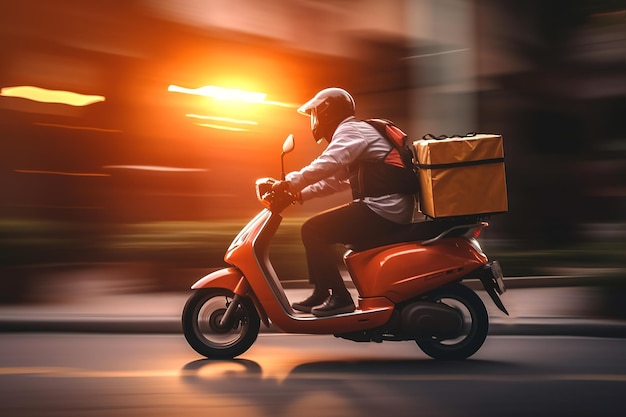 Foto entregador dirigindo scooter rápido em movimento rua turva no fundo