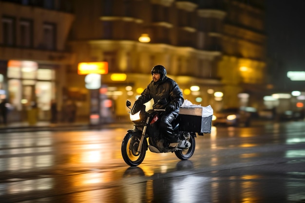 Entregador em moto com Food Box dirigindo pela cidade na chuva AI Generative