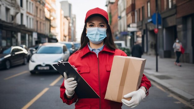 Foto entregador entregando pacotes segurando clipboard e pacote sorrindo feliz em uniforme vermelho beau