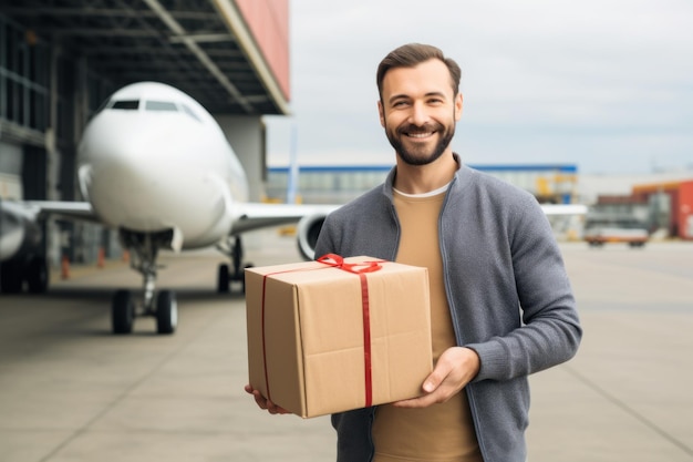 Entregador entregando uma caixa de encomenda ao cliente em um avião de carga IA generativa