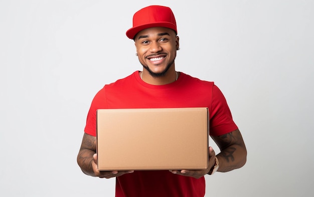 Entregador con un paquete en camiseta roja y gorra sobre fondo blanco joven mensajero negro