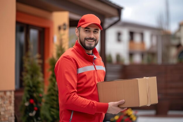 Entregador con uniforme rojo ofreciendo un paquete en un barrio suburbano