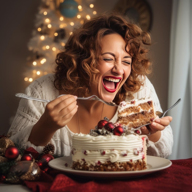 Entregando-se às delícias do Natal Uma mulher moderna com sobrepeso numa cozinha branca realista Savo
