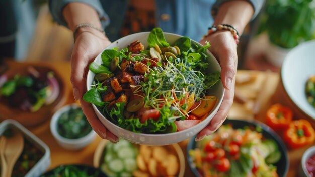 Entregas de comidas a base de plantas Imágenes cinematográficas de entregas de comida a base de vegetales que destacan las opciones de comidas veganas y vegetarianas siendo una ilustración generada por IA