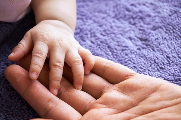 Entregue o bebê na mão do close up da mãe. conceito amor da família.