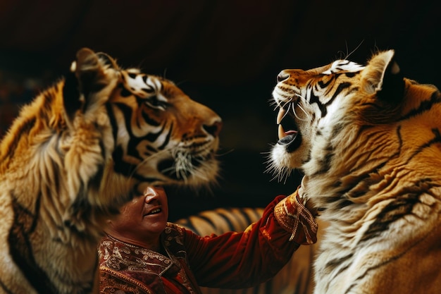 Un entrenador de animales de circo interactuando afectuosamente con leones y tigres entrenados demostrando confianza y respeto mutuo