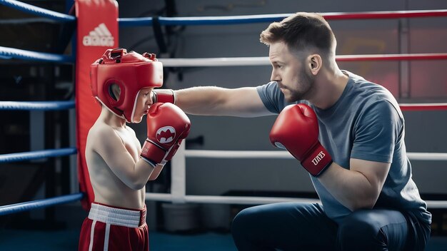 El entrenador de boxeo más joven está entrenando a un nuevo boxeador para competiciones especiales.